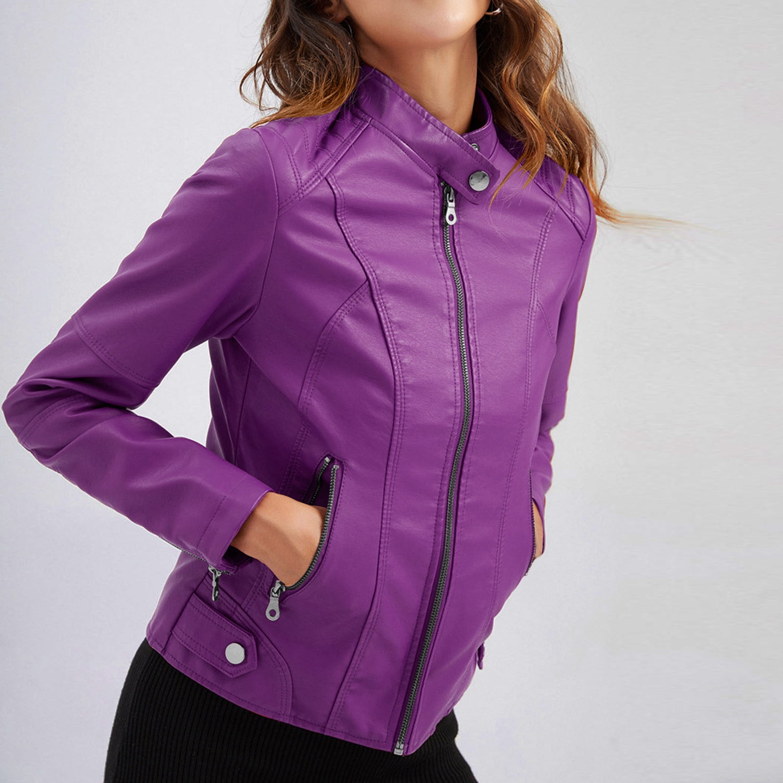 Faux Leather Cropped Jacket Full Zip up Long Sleeve Slim Fit Motorcycle Short Jacket for Women Crop Moto Coat (Large, Purple 01)