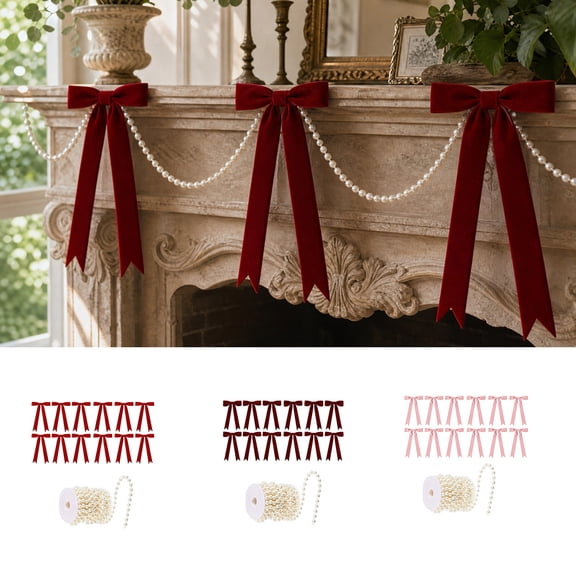 WDOBM Christmas Decorative Bows, Christmas Bow Ornament Set with Pearl Chain DIY Hanging Kit, Christmas Tree Bow, Satin Christmas Bows for Home Decor Indoor