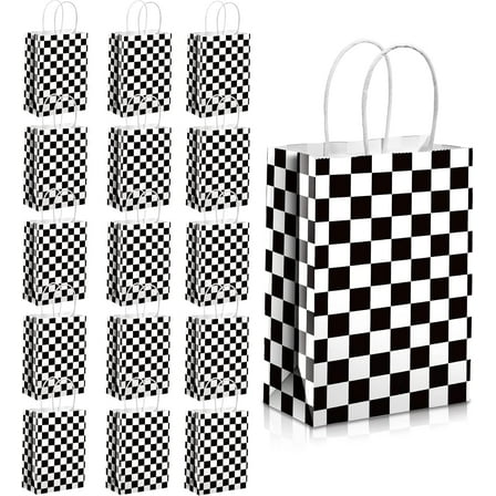 15 Pcs Treat Bags, Race Car Party Favors with Handles Black and White Checkered Flag Candy Goodie Gift Bags for Birthday Party Supplies