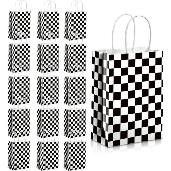 15 Pcs Treat Bags, Race Car Party Favors with Handles Black and White Checkered Flag Candy Goodie Gift Bags for Birthday Party Supplies