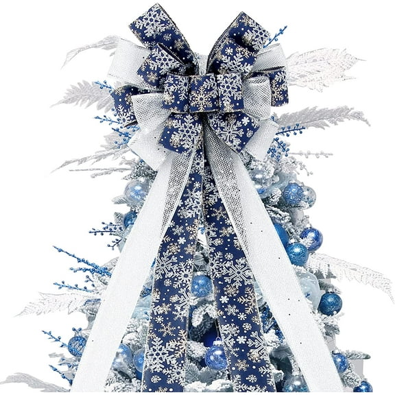 Christmas Tree Topper Bow, 44X12 Inch Artificial Xmas Tree Flower Topper Decor, for Family, Wedding, Birthday Party, Indoor Outdoor Thanksgiving Christmas Decoration - Blue/Sliver/Snowflake.