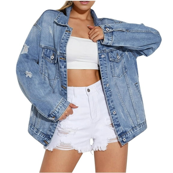 Wiyuqeen Women's Ripped Distressed Denim Jacket Casual Long Sleeve Boyfriend Jean Coat Basic Trucker Jackets with Pockets Ladies Oversized Jean Jackets