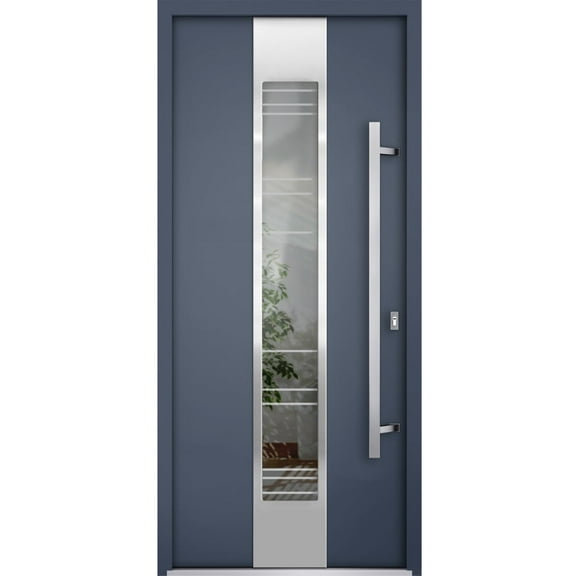 Front Exterior Prehung Steel Door / Deux 5755 Gray Graphite / Stainless Inserts Single Modern Painted-W36" x H80"-Right-hand Inswing