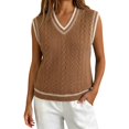 thumbnail image 3 of Breezora Womens College Style Fall Cable Knit V Neck Sweater Vest Ribbed Cropped Loose Sleeveless Layering Top, 3 of 9