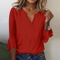 thumbnail image 2 of LEAVINGSUO Fall Winter Womens Fashion New Casual Long Sleeve T-Shirts for Women Women's Casual V-neck 3/4 Sleeve Flared Sleeve Top T-Shirt Long Sleeved V-neck Top/shirt Red XL, 2 of 5