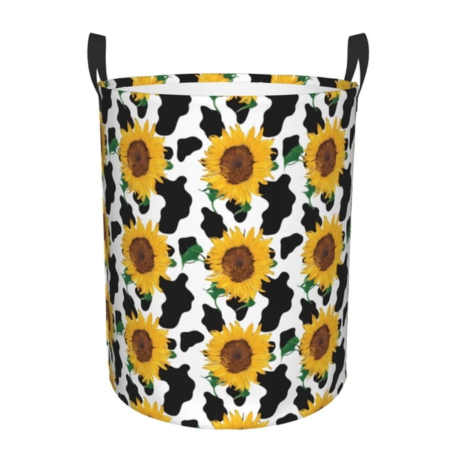 Balery Cute Cow Print Sunflower B Cesta de ropa redonda con asas, impermeable, independiente, para ropa, juguetes, dormitorio y familia-Small