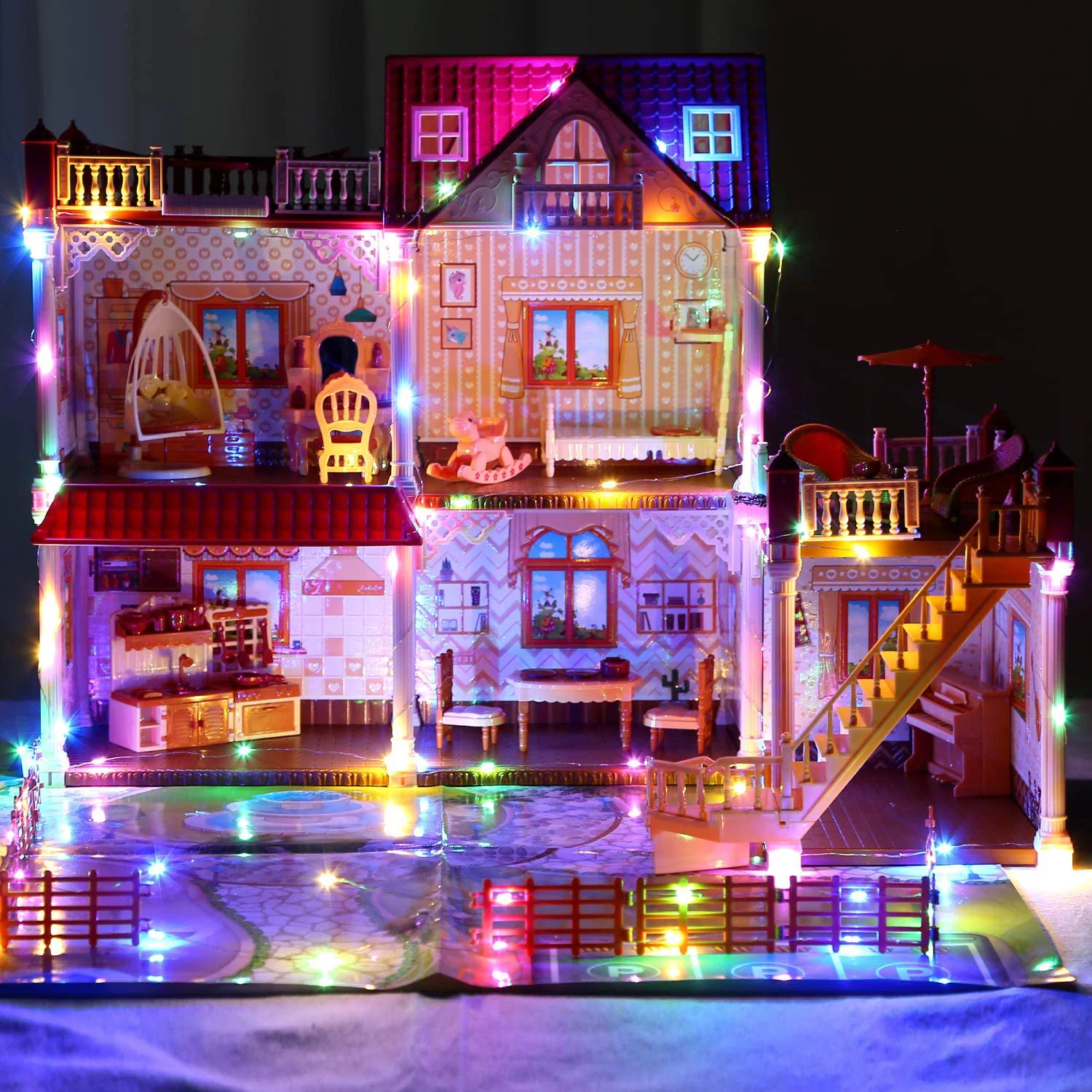 JoyStone Dollhouse 5 Rooms with 2 Dolls Playset with Play Mat, Furniture&Light Strip, Gift Toy for Kids Ages 3-8