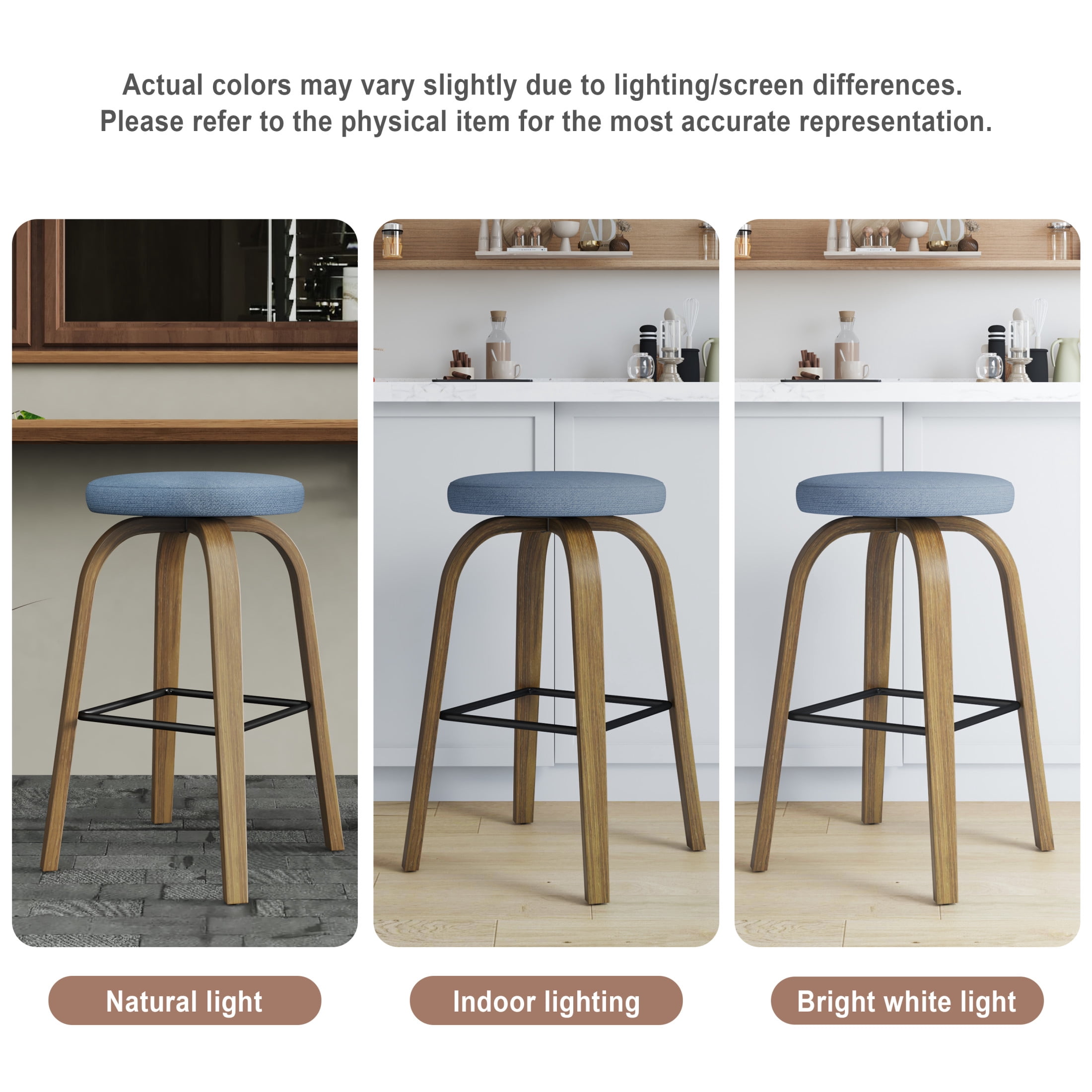 Noble House Florin 30" Swivel Backless Counter Height Bar Stools with Upholstered Seat & Bentwood Legs, Blue, Set of 2