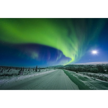 The moon and aurora shine in the night sky over a snow covered Richardson Highway south of Delta Junction Alaska United States of America Poster Print by Steven Miley  Design