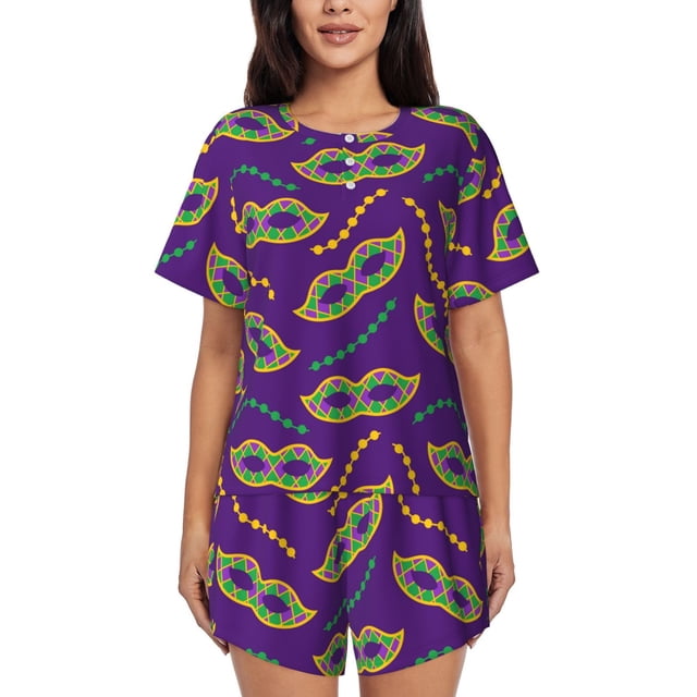 Balery Carnival Masks and Beads Conjunto de Pijama para Mujer con Estampado, Dos Piezas de Manga Corta y Shorts, Ropa de Dormir Suave con Cuello Redondo y Bolsillos-4X-Large