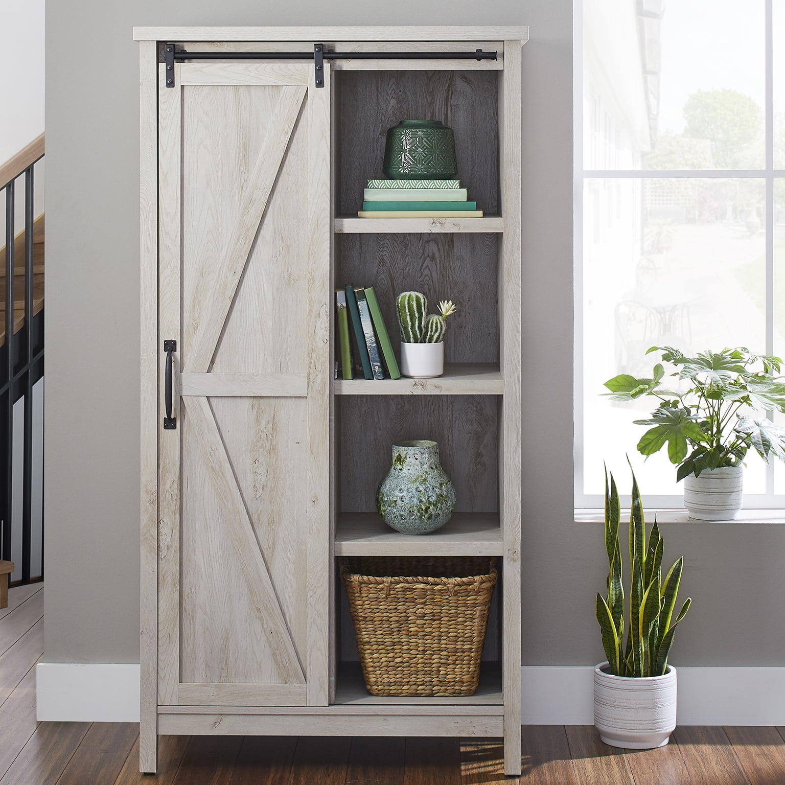 Better Homes & Gardens Modern Farmhouse Bookcase Storage Cabinet, Rustic White Finish