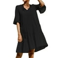 thumbnail image 3 of Suagox Women's Summer Short A-line Dress Solid Color/Floral Print Short Sleeve V Neck Dress, 3 of 10