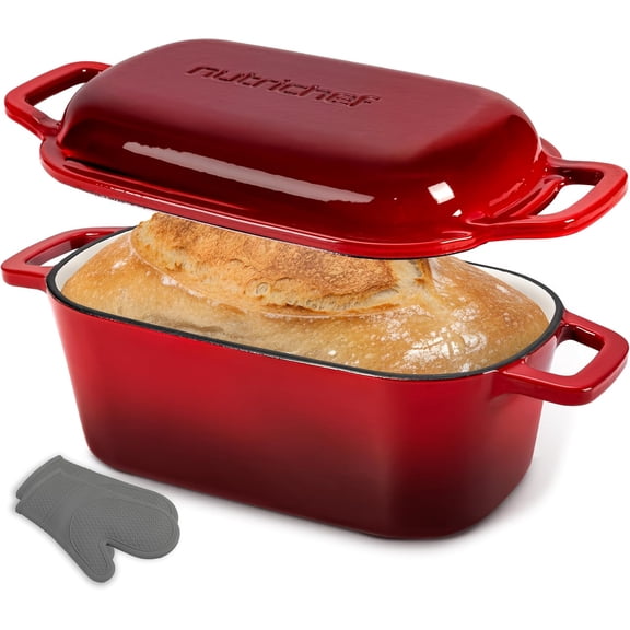 NutriChef 10" Enameled Cast Iron Oval Bread Pan with Lid, Oven Safe to 500°F Dutch Oven for Baking, Roasting & Stewing, Includes Silicone Gloves, Dishwasher Safe (Red)