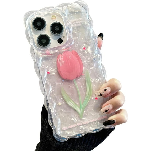 Tulip Phone Case for iPhone 12 Pro Max, Cute Clear Pink Wavy Edge Korea Flower Phone Cover with Shell Pattern Glitter Card for Women Girls