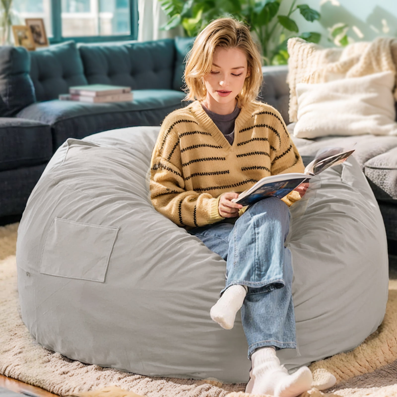 CONCETTA 3ft Sofa Bean Bag Chair , Oversized Beanbag for Adults with Soft Removable Cover, Gray