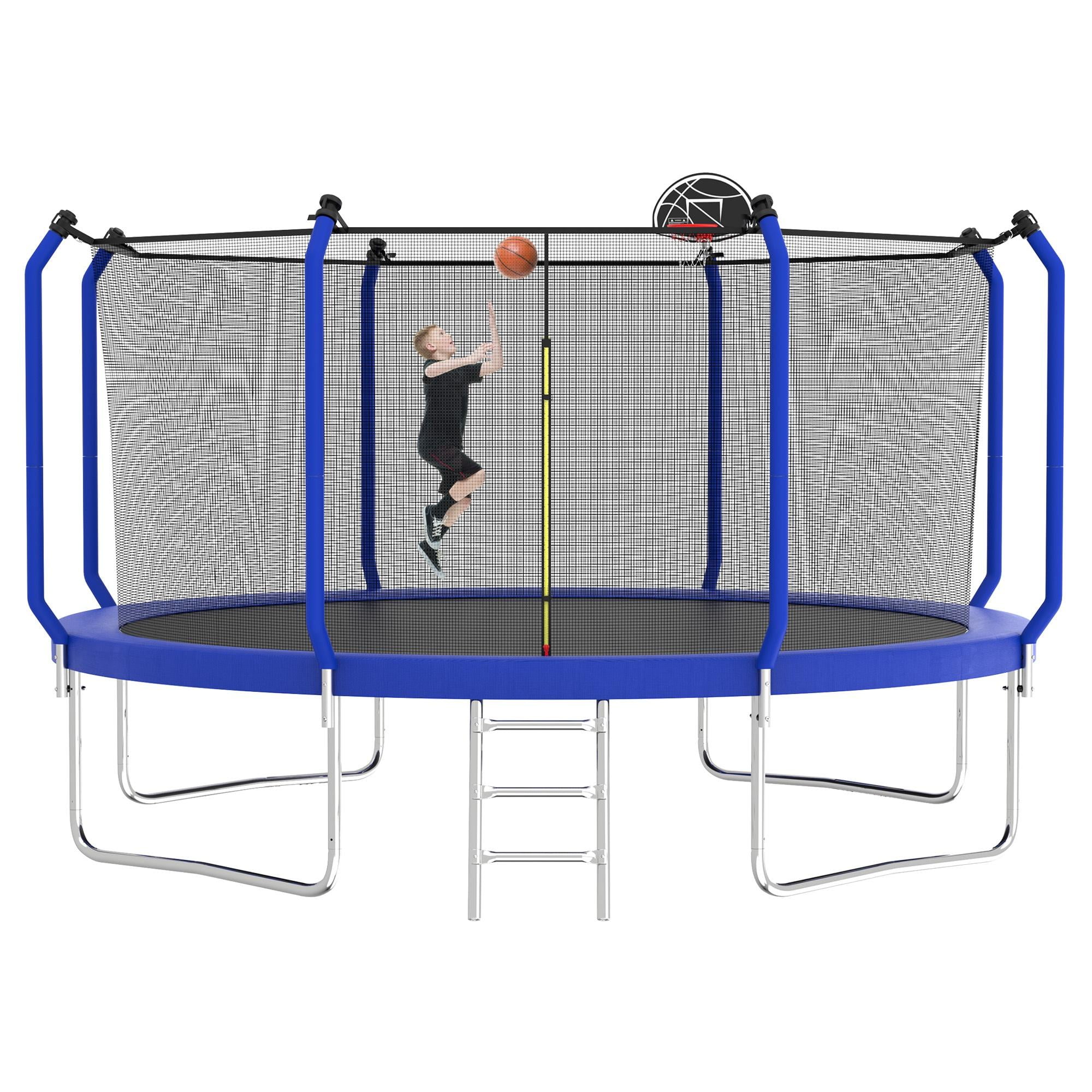 Seizeen Outdoor Trampoline for Kids, 12FT Round Trampoline W/ Enclosure, Colorful Trampoline with Basketball Hoop, Ladder