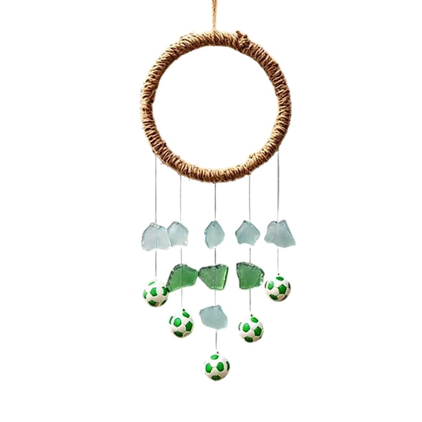 Soccer Sea Glass Wind Chime Handmade Outdoor Soccer Wind Chime Blue Sea Glass Garden Decor Sports Themed Patio Wind Chime Coastals Soccer Hanging Ornament