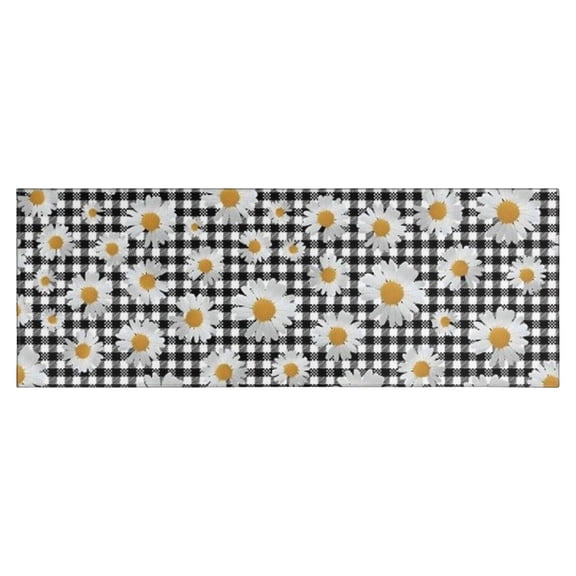 Black Daisy Flower Checkered Pattern Kitchen Rug Mat,Kitchen Runner Rugs Non Skid Washable,Decorative Kitchen Floor Mats for Kitchen,Sink,Laundry,17"X47"