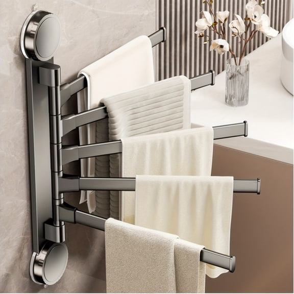 No Drill Foldable Towel Rack, Silvery Aluminum Suction Cup Bathroom Organizer, Space Saving Wall Mounted Towel Holder for Bathroom Bedroom Kitchen, Compact Metal Storage for Towels Robes Clothes