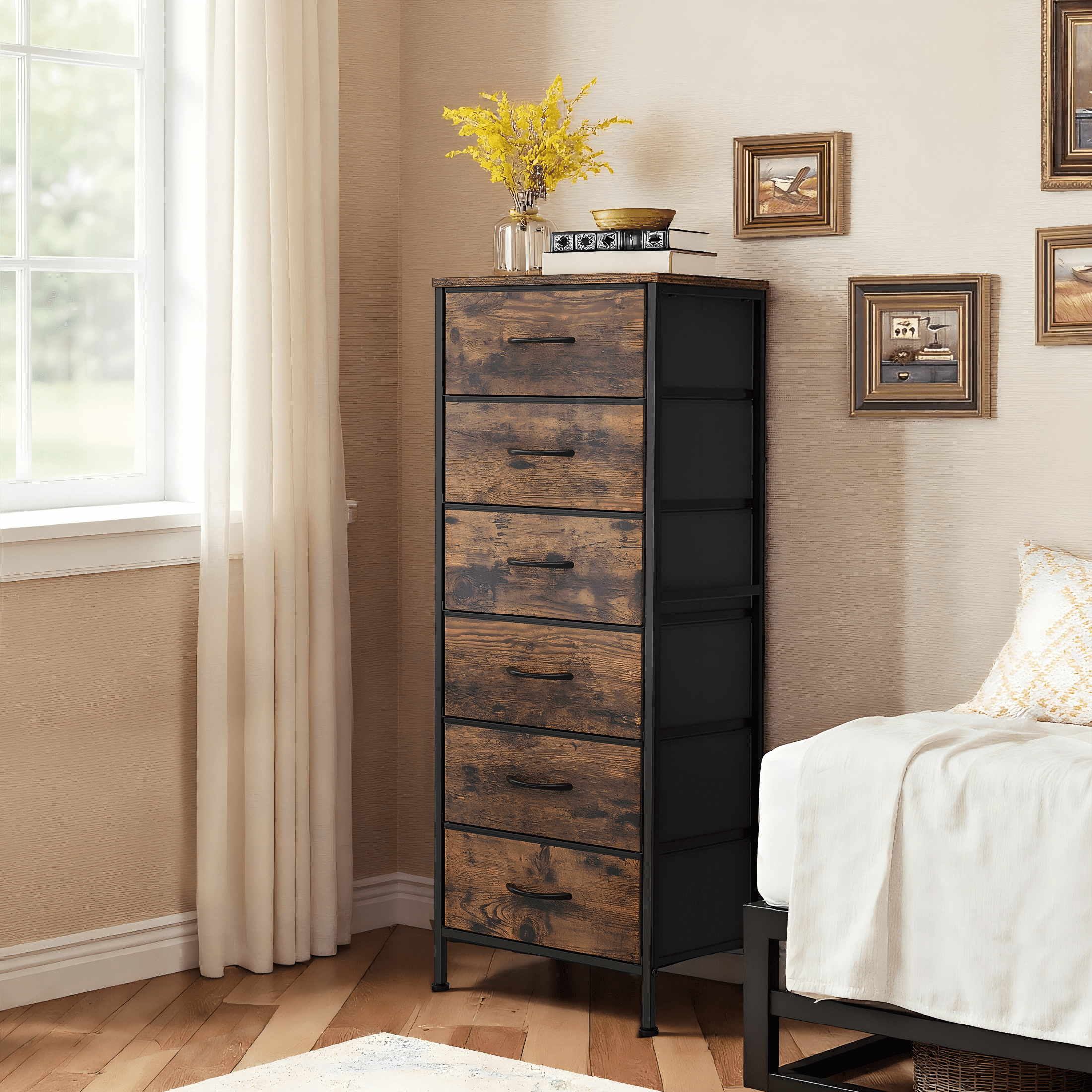 EZKAMFORT 6-Fabric Drawer Dresser for Bedroom Tall, Closet Drawers Dresser for Bedroom, Versatile for Bedroom & Living Room, Rustic Brown