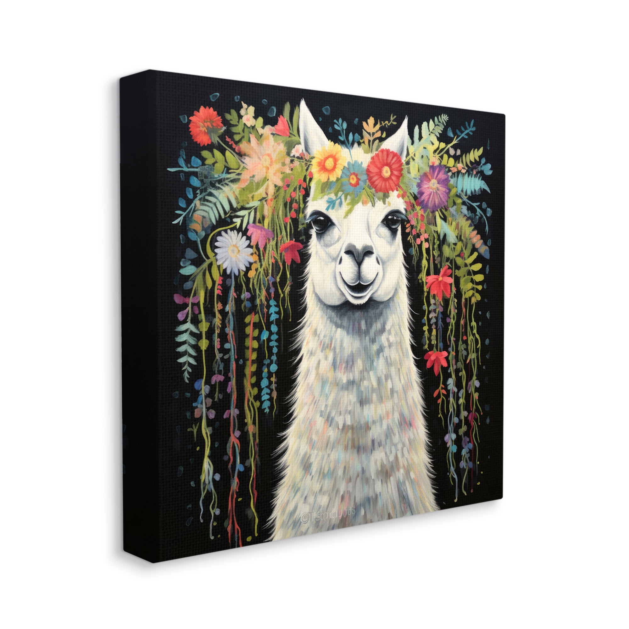 Stupell Industries Floral Llama on Black Animals & Insects Painting Gallery Wrapped Canvas Art Print Wall Art, 36 x 36