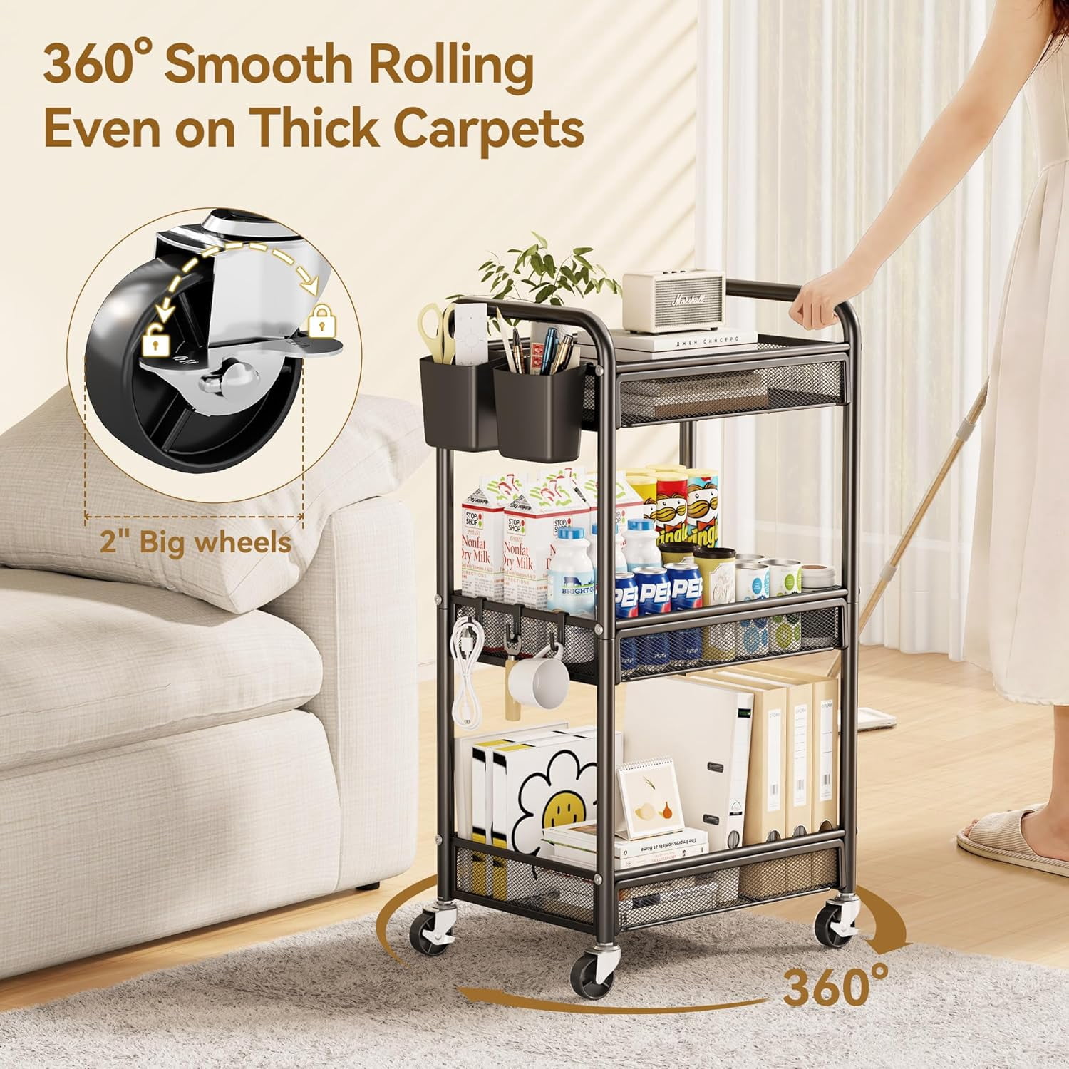 3 Tier Rolling Cart – Metal Utility Storage Carts with Wheels, Craft Cart Organizer with Hanging Cups, Hooks, Mesh Basket for Bedside Kitchen Office Art, Black