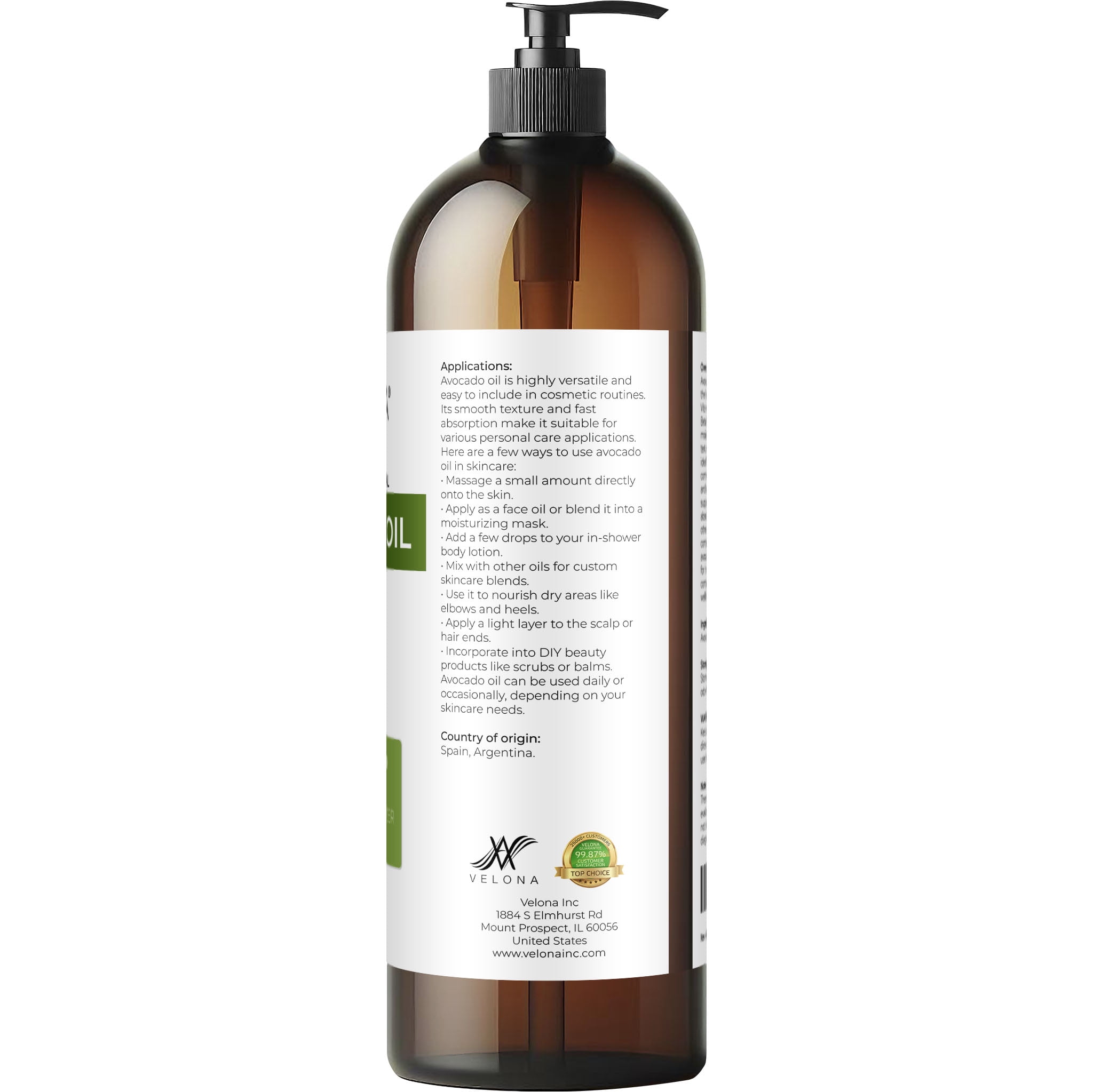 Velona Avocado Oil 32 Fl Oz | 100% Pure and Natural Carrier Oil | Expeller-Pressed | Hair, Body and Skin Care | Use Today - Enjoy Results