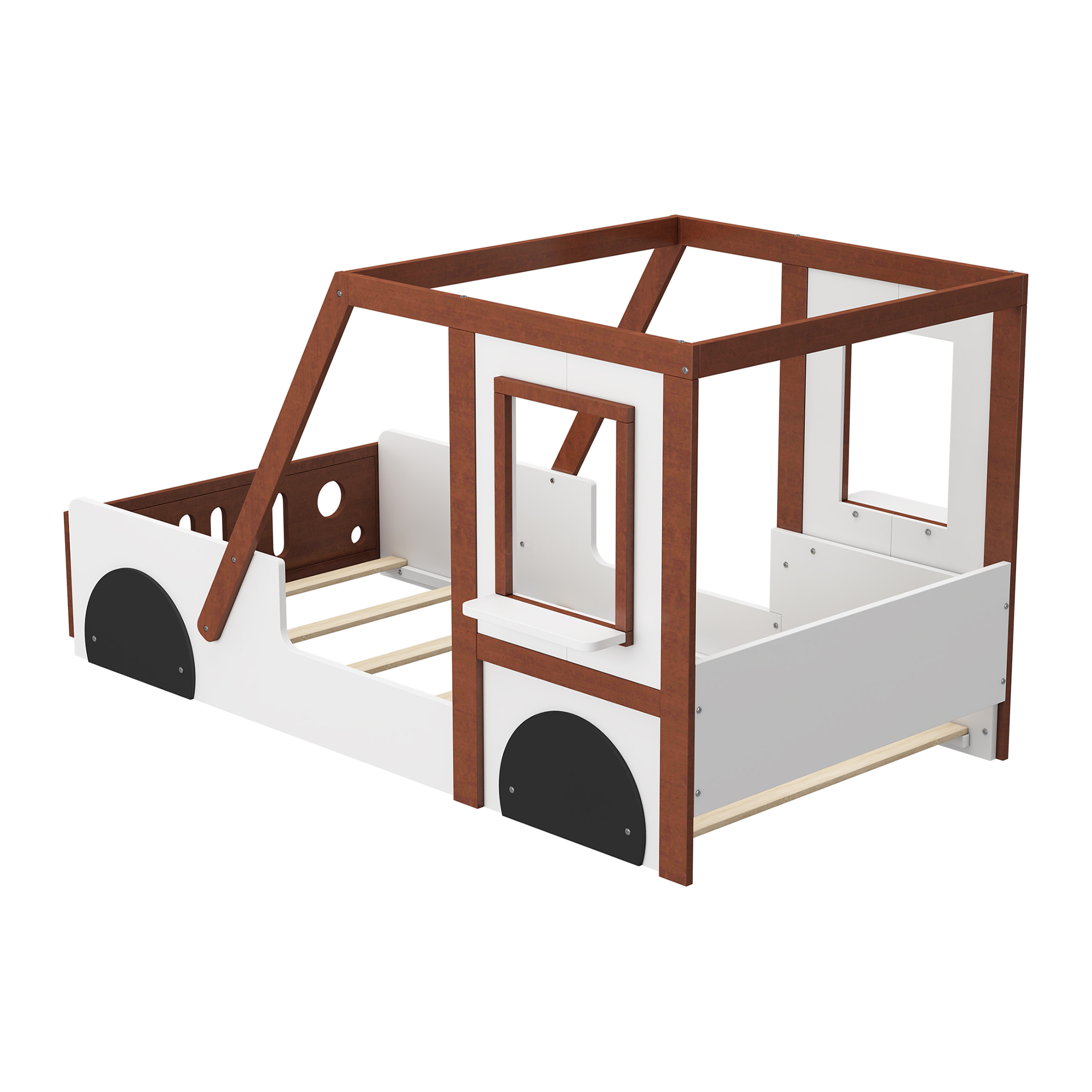 JERFIT Race Car Twin Bed with Storage, Orange White Wood Platform Bed Frame for Boys Girls Teens