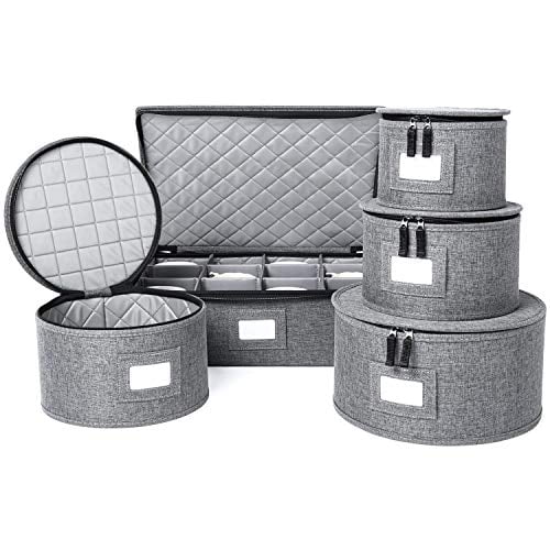 China Storage Set, Hard Shell and Stackable, for Dinnerware Storage and Transport, Protects Dishes Cups and Mugs, Felt Plate Dividers Included (Grey, 5 Piece Set)