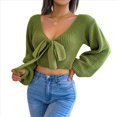 thumbnail image 3 of Suéter de Punto Acanalado con Lazo y Larga para Mujer, Top Corto con Cuello en V para Otoño e Invierno. Verde S, 3 of 10