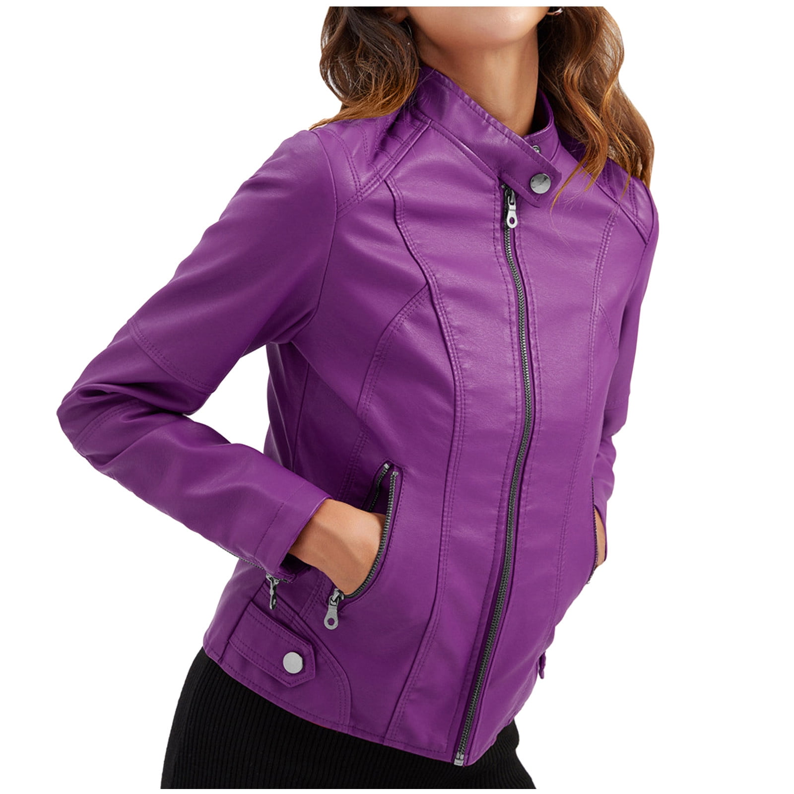 YOIAVAIOY Womens Faux Leather Cropped Jackets Long Sleeve Zip Up PU Moto Jacket Slim Biker Coat with Pockets Purple XL