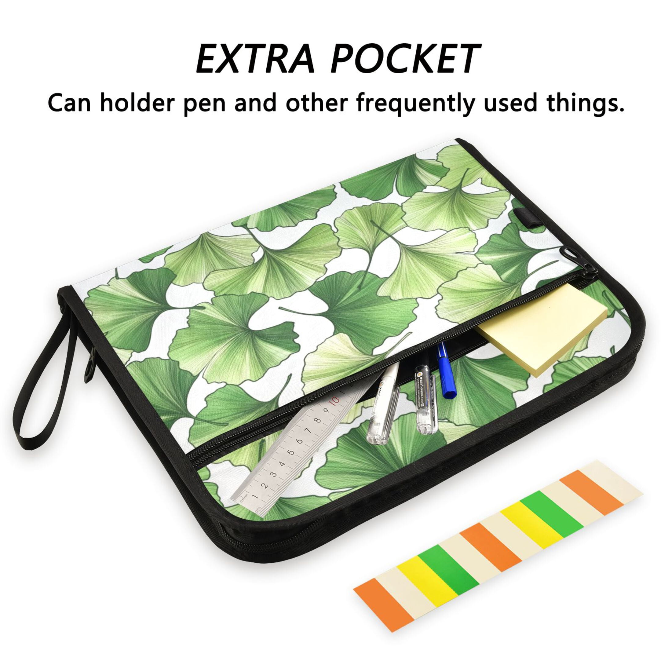 Accordion File Organizer with Zip Closure 13 Pockets Expanding File Folder Letter A4 Paper Document Organizer for Home Office Green Ginkgo Biloba