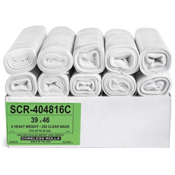 45 Gallon Clear Trash Bags (250 Count) - 39' x 46' - 16 Micron Equivalent High Density Value Garbage Bags Can Liners for Bathroom, Office, Industrial, Commercial, Recycling