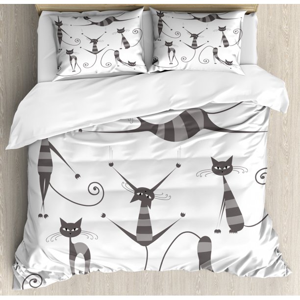 Cat Duvet Cover Set, Furry Skinny Striped Cats in Several Funny Body