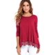 thumbnail image 3 of Popular casual suelto cuello redondo manga larga dobladillo encaje damas camiseta MABOTO Vino tinto XL, 3 of 5