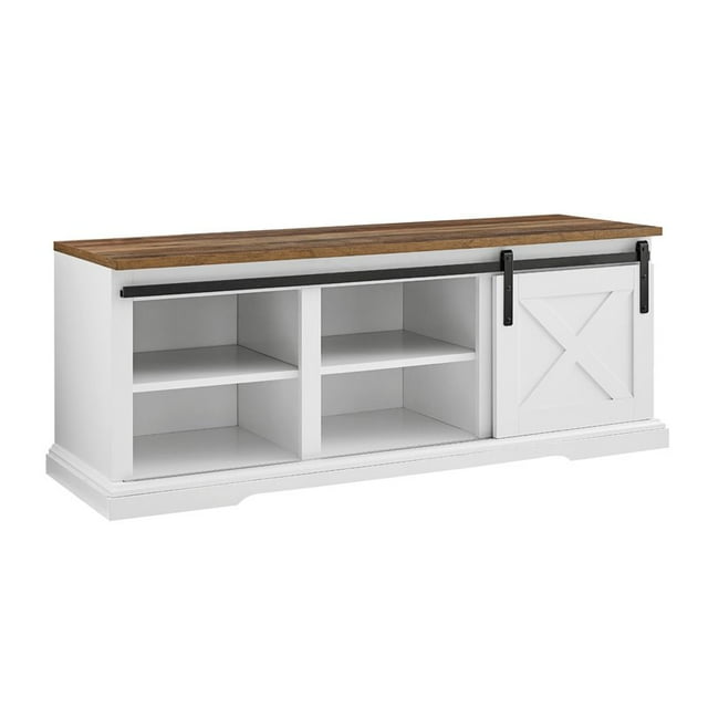 Walker Edison Banc de Rangement à Porte Coulissante de Style Ferme avec 1 Étagère Fixe et 2 Étagères Réglables, Chêne Blanc/rustique (Ensemble de 1)