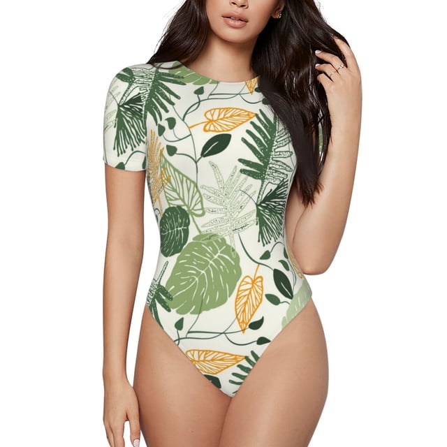 Fotbe Hawaiian Style Body de Mujer con Cuello Redondo y Mangas Cortas, Sin Mangas Ajustado, Suave, Cómodo y Básico-X-Large