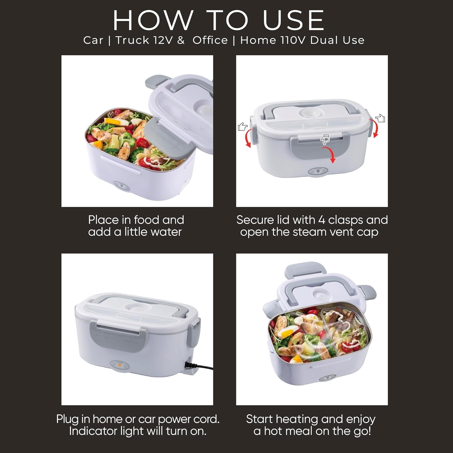 Cook With Color Heated Lunch Box Electric Food Warmer for Adults, Leakproof Insulated Portable Bento Box, 1.5L Black