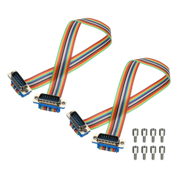 2 Pcs IDC Rainbow Wire Flat Ribbon Cable DB15 Male to DB15 Male 11.8 Inch Length 2.54mm Pitch