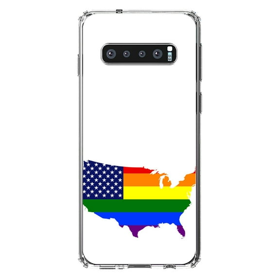 DistinctInk Clear Shockproof Hybrid Case for Samsung Galaxy S10  PLUS(6.4" Screen) - TPU Bumper, Acrylic Back, Tempered Glass Screen Protector - US Map Gay Pride Flag -LGBTQ Support