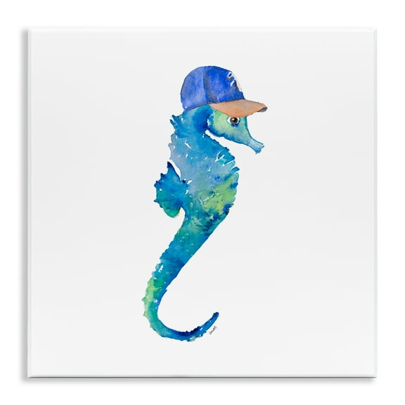 Stupell Industries Blue Seahorse in Hat Novelty Painting Unframed Art Print Wall Art, 12 x 12