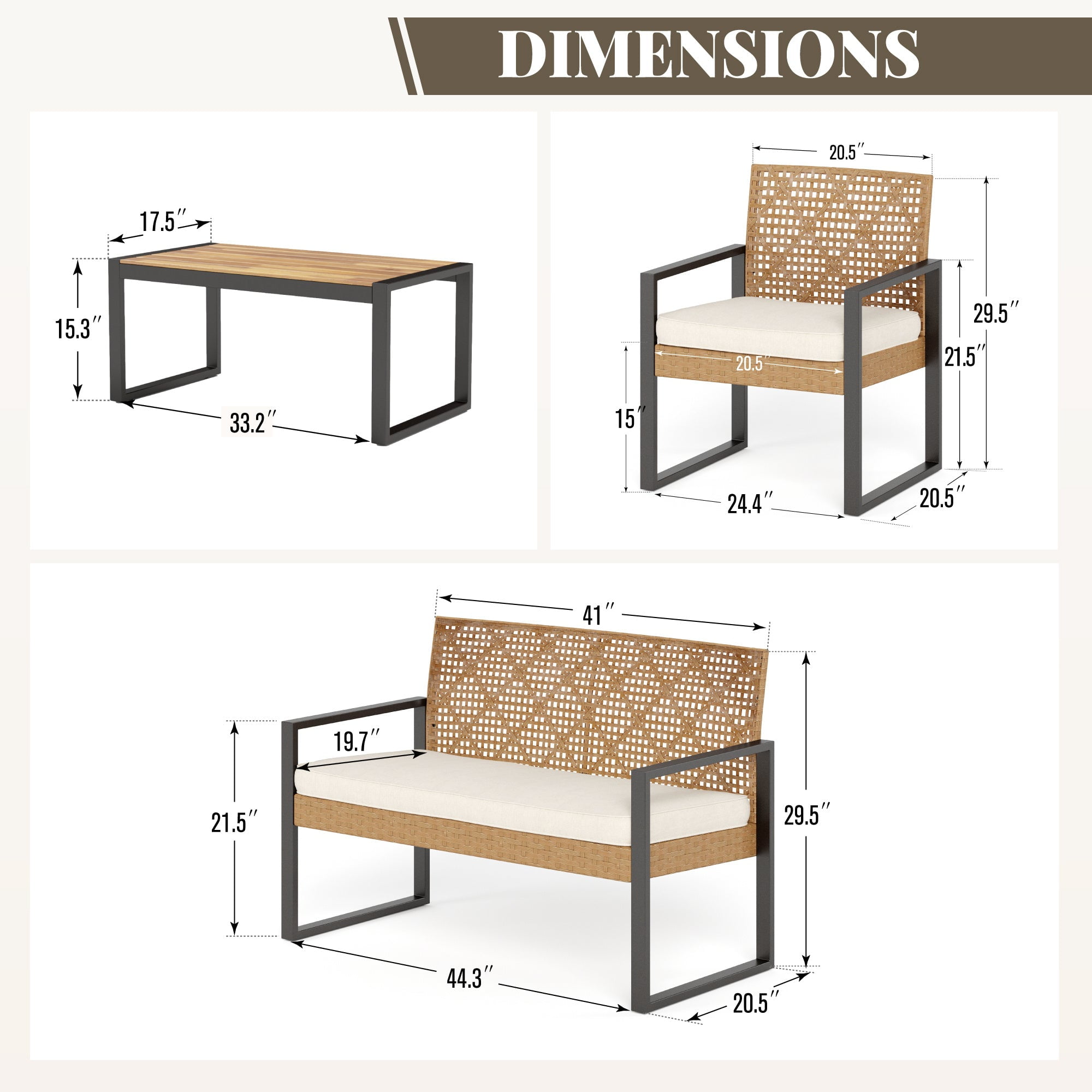 MF Studio 4-Piece All-Weather Rattan Patio Furniture Set, Outdoor Conversation Set with Wood Table, Yellow and Beige