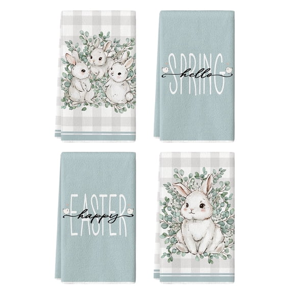 Sm:)e Buffalo Plaid Bunny Rabbit Eucalyptus Leaves Happy Easter Kitchen Towels Dish Towels, 18x26 Inch Hand Towels Set of 4