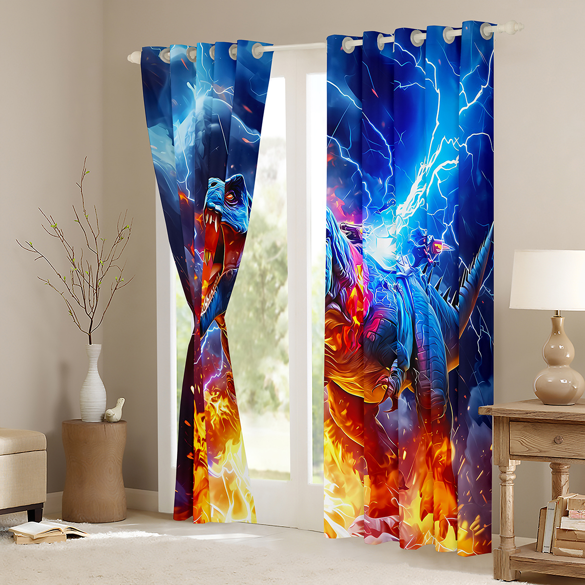 Manfei Kids Tyrannosaurus Rex Black Out Curtains, Boys Dinosaur Curtains Pack of 2 (42x63 Each), Fire Lightning Dino Bedroom Curtains, Luxury Room Decor