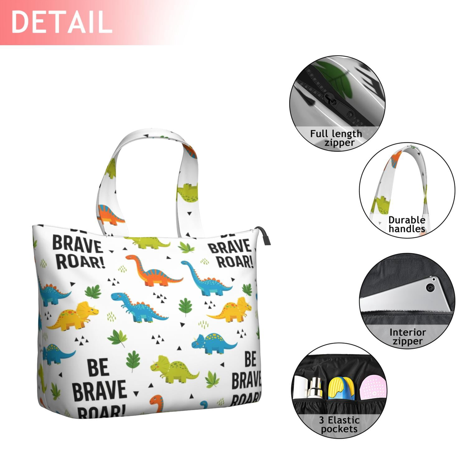 White Cartoon Dinosaurs Motivational Pattern Travel Tote Bags for Women Carry On,Large Weekender Bags for Women Travel,Multi Functional Duffle Bag for Work,Shopping,Sports