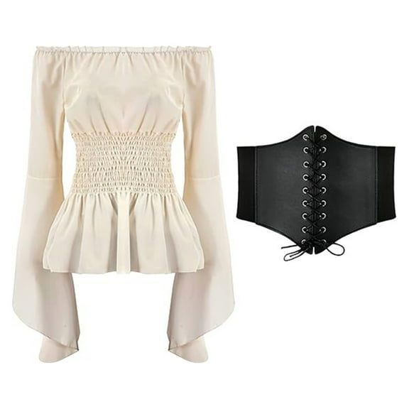 TrdSipl Womens Renaissance Blouse with Corset Waist Belt Medieval Victorian Off Shoulder Puff Long Sleeve Shirt Renaissance Costume for Women Beige S