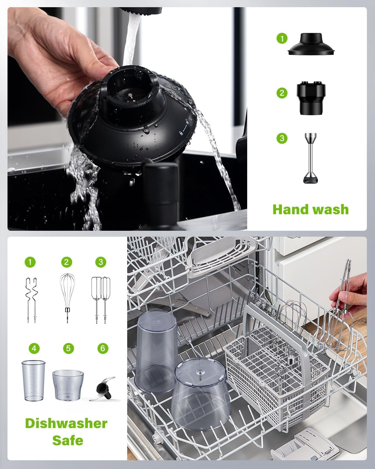 6 in 1  Immersion Blender, 1000W Handheld Hand Blender, 20 Speeds Emulsion Blender with Chopper, Whisk and Frother for Soup, Baby Food and Smoothies, Black