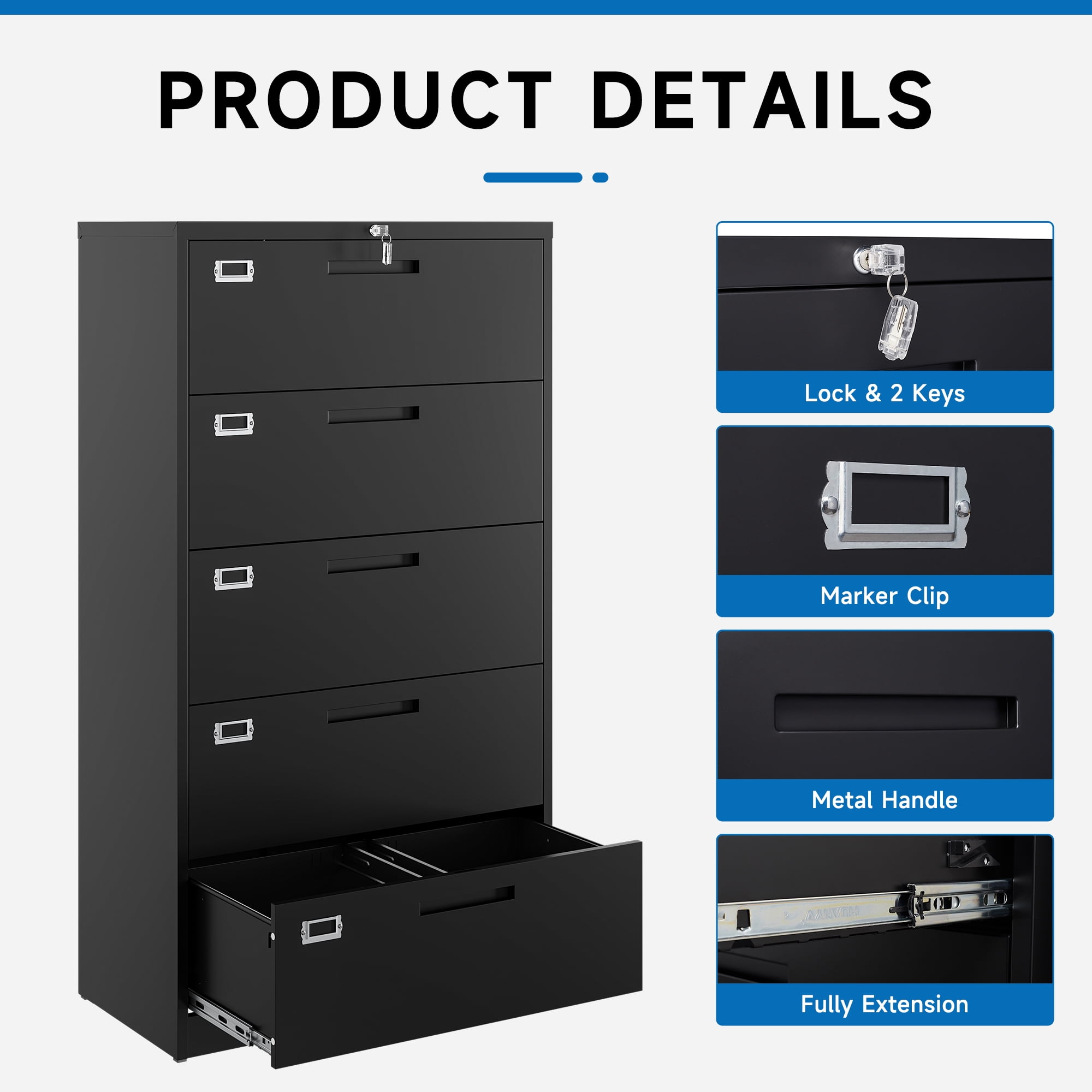 Fesbos 5 Drawer File Cabinet with Lock,Metal Lateral Filing Cabinets for Home Office Hanging Files Letter/Legal/F4/A4 Size, Assembly Required - Black