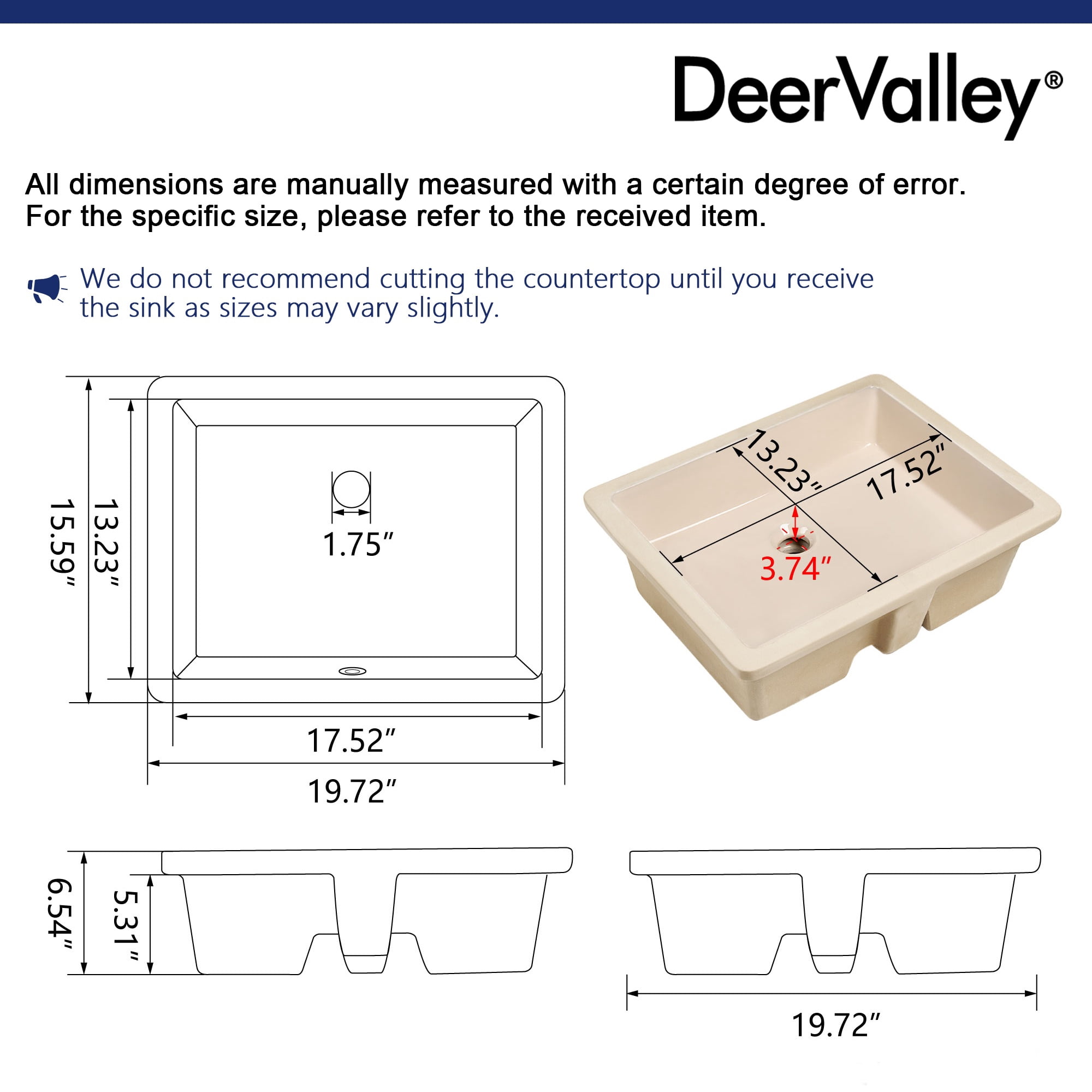DV-1U201BN DeerValley Ursa 20" X 15.6" Rectangular Vitreous China Undermount Bathroom Sink with Overflow