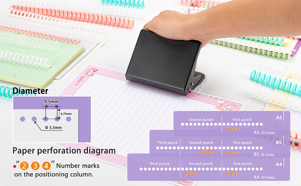 10 Hole Punch Binding Machine for Planners, With 10 Multi-Color 30-Hole Loose Leaf Binding Spines, Punches 26 Holes on B5, 30 Holes on A4, 20 Holes on A5 Paper
